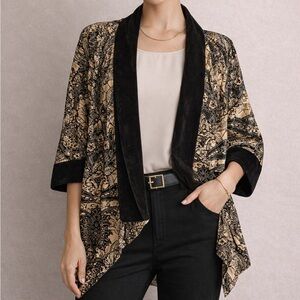 Chicos Travelers 2 Size L Black Gold Velvet Printed Open Jacket 3/4 sleeves $14